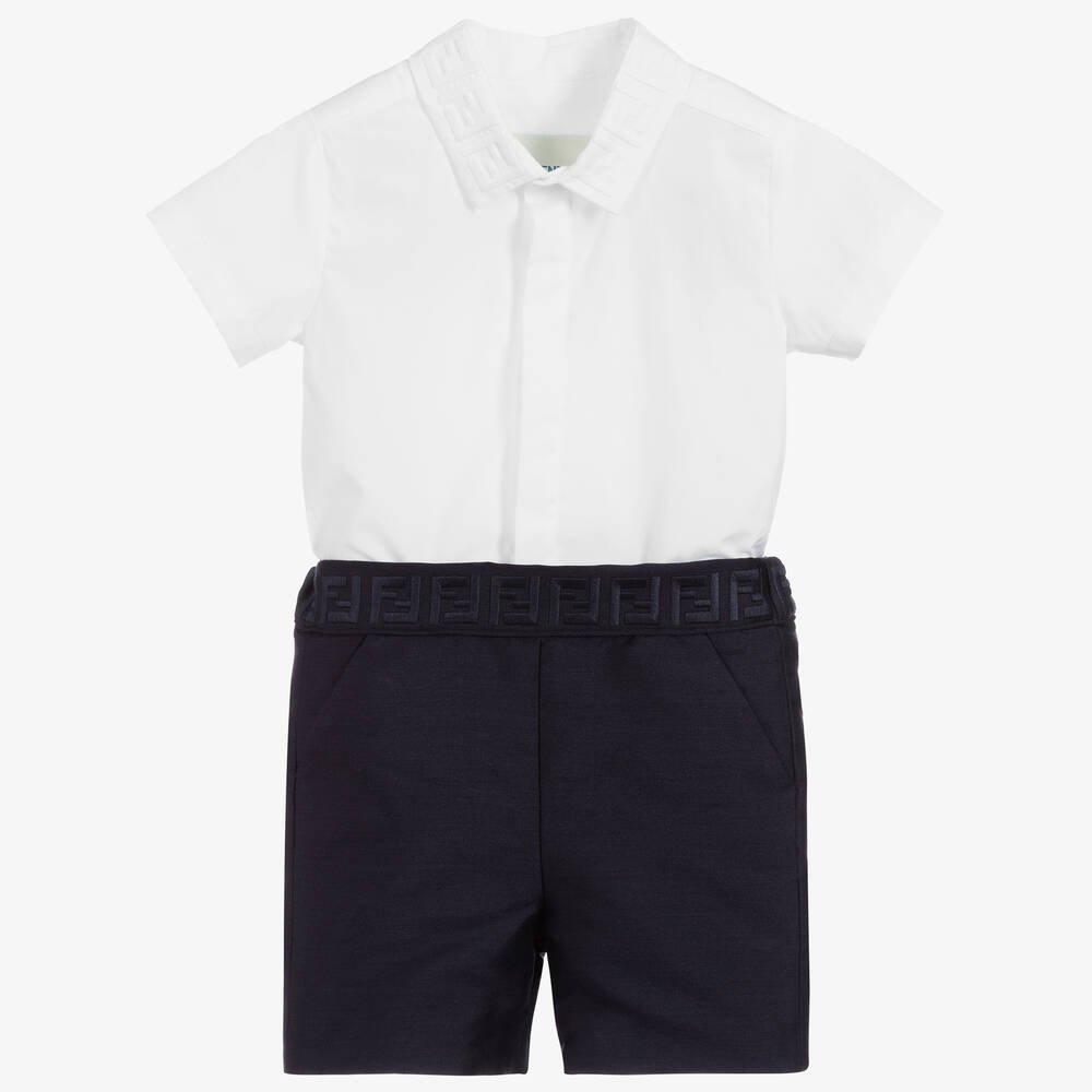 Fendi - طقم قميص بوبلين و شورت مزيج قطن لون كحلي و ابيض | Childrensalon