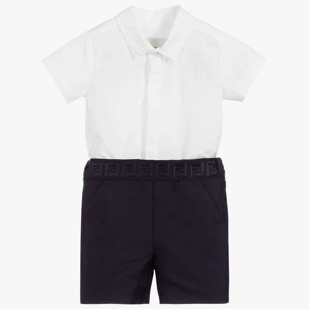 Fendi - Ensemble blanc et bleu à logo Garçon | Childrensalon