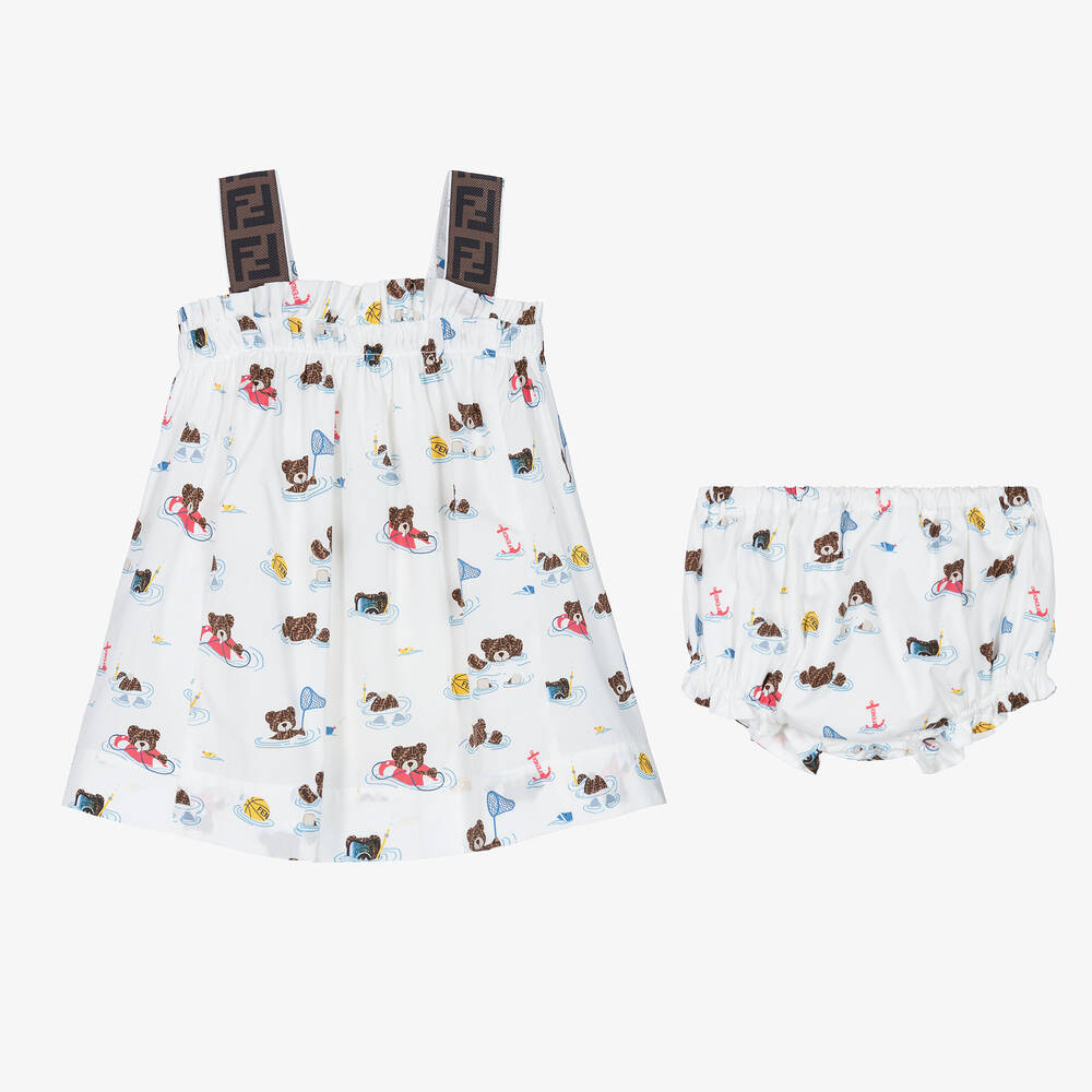 Fendi-Белое хлопковое платье с медвежатами | Childrensalon Outlet