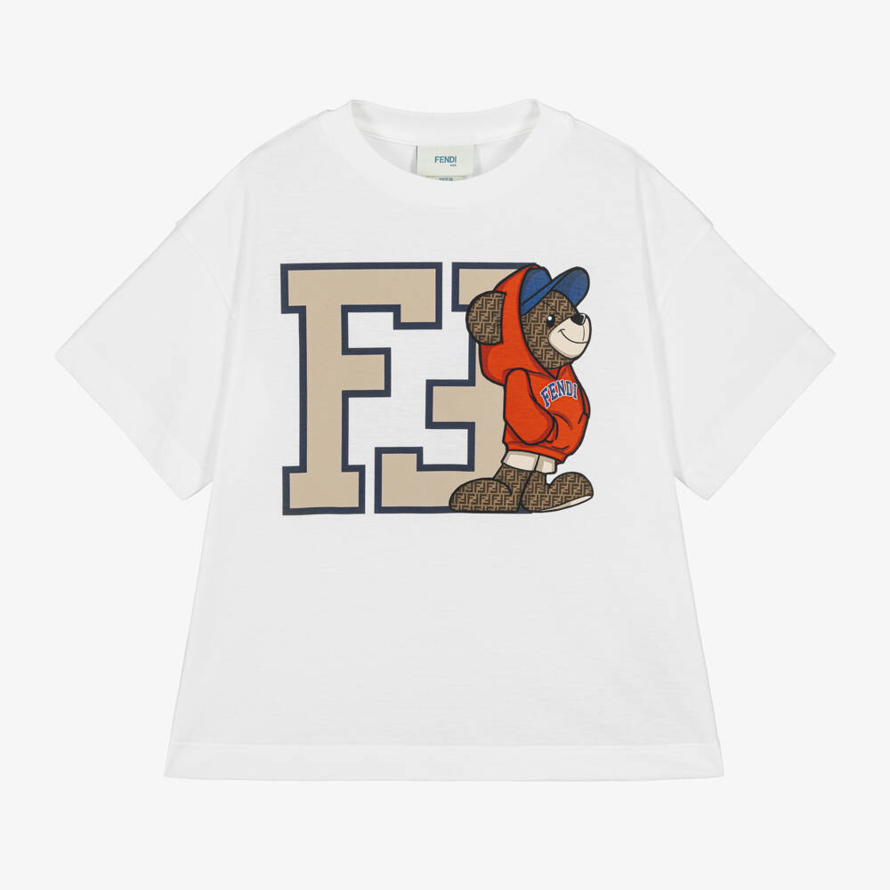 Fendi-White FF Teddy Bear Cotton T-Shirt | Childrensalon Outlet