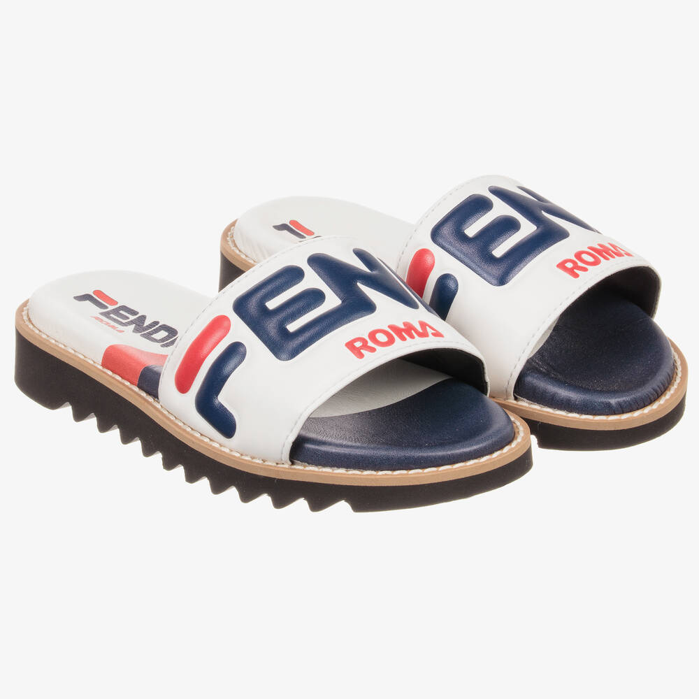 Fendi Mania - White Leather Sliders | Childrensalon