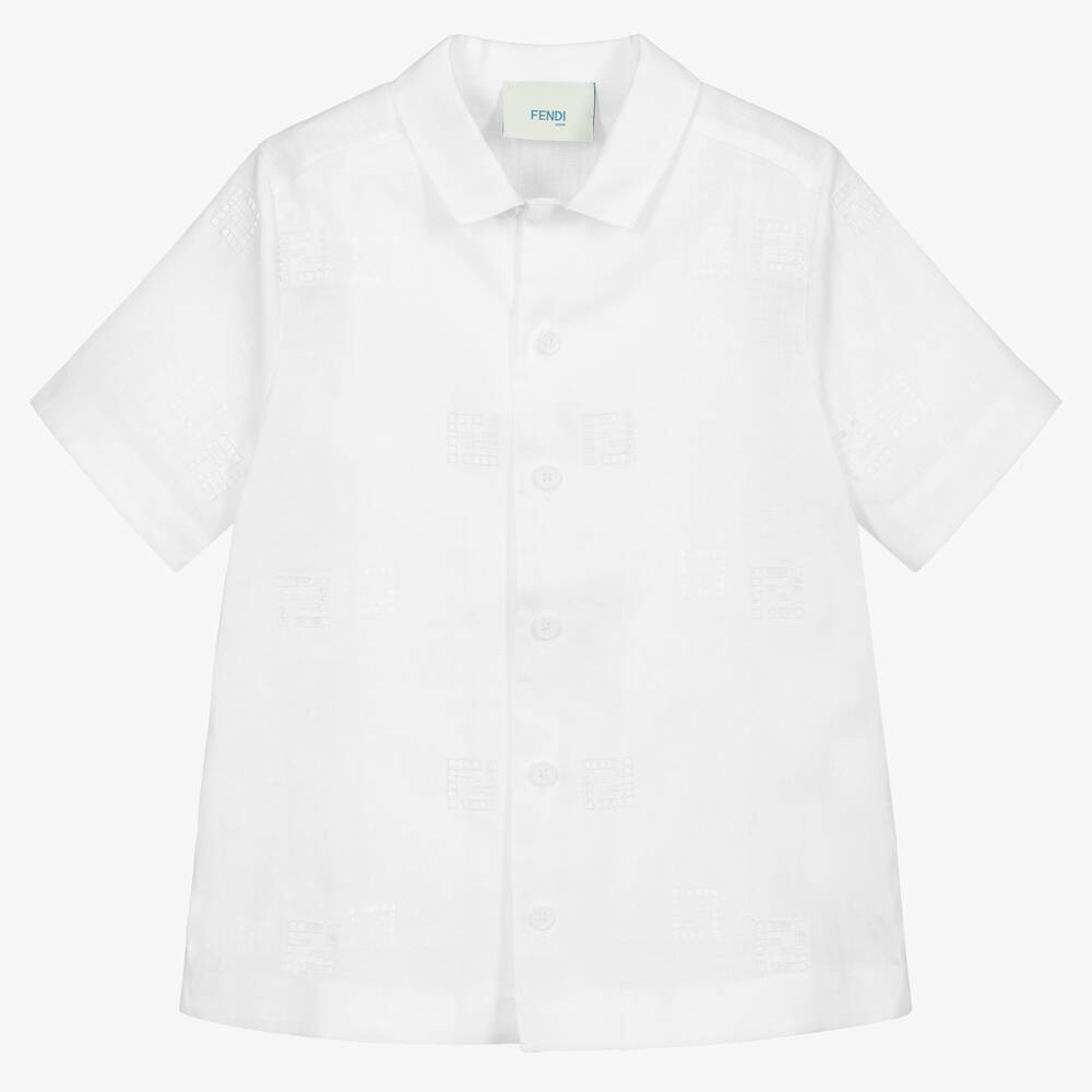 Fendi-White Linen FF Logo Shirt | Childrensalon Outlet