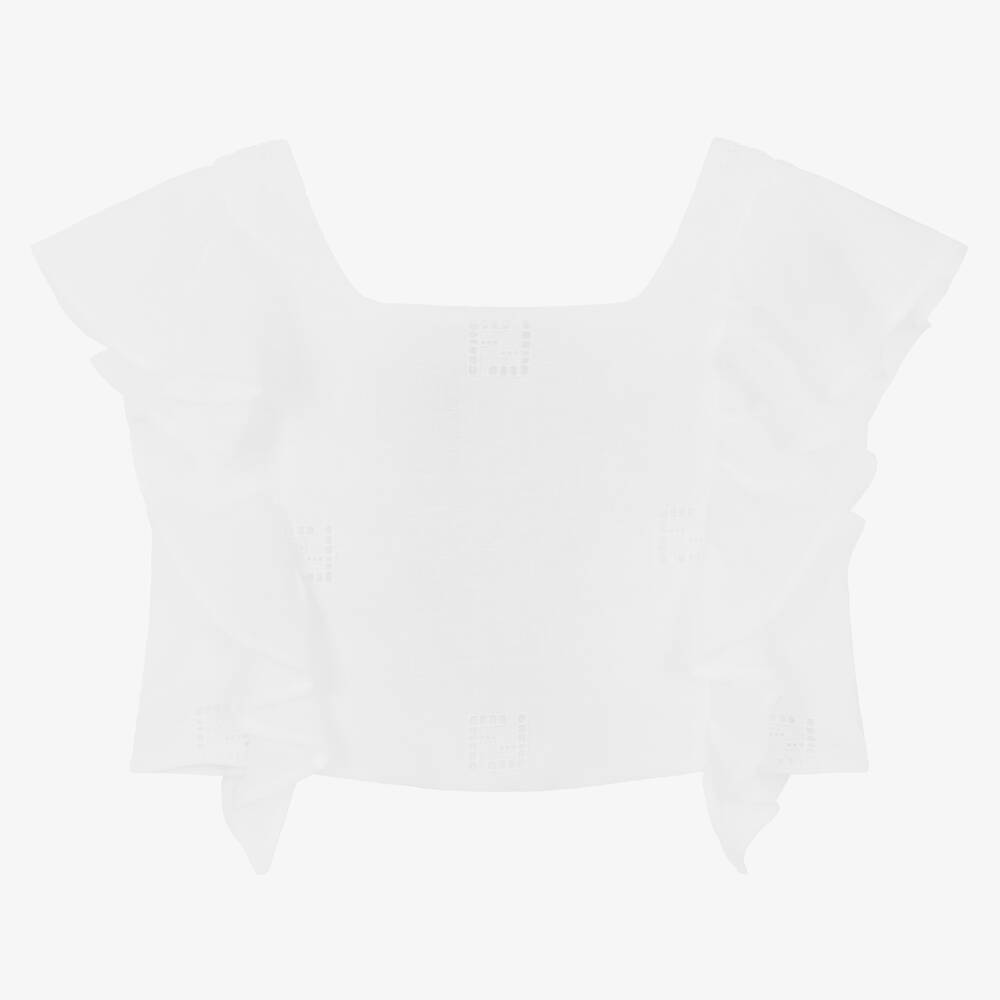 Fendi-White Linen Logo Ruffle Blouse | Childrensalon Outlet