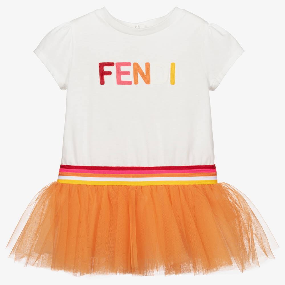 Fendi - فستان قطن لون أبيض وبرتقالي | Childrensalon