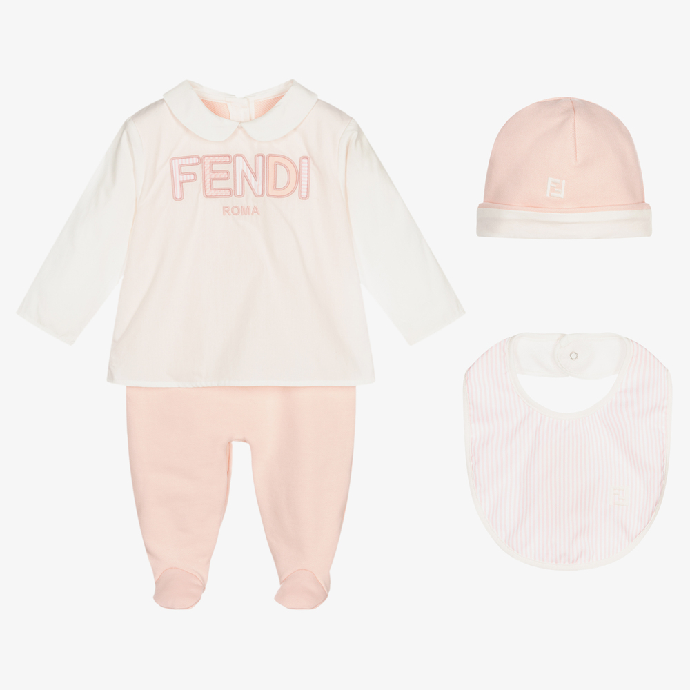 Fendi - Бело-розовый подарочный комплект с комбинезоном | Childrensalon