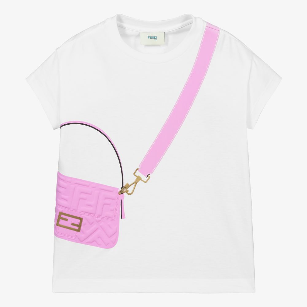 Fendi - Taschen-T-Shirt in Weiß in Rosa  | Childrensalon