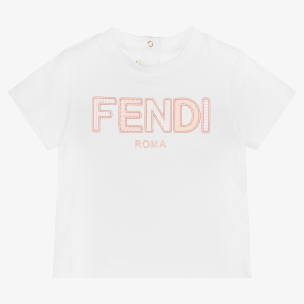 Fendi - Белая футболка с розовым логотипом для малышей | Childrensalon