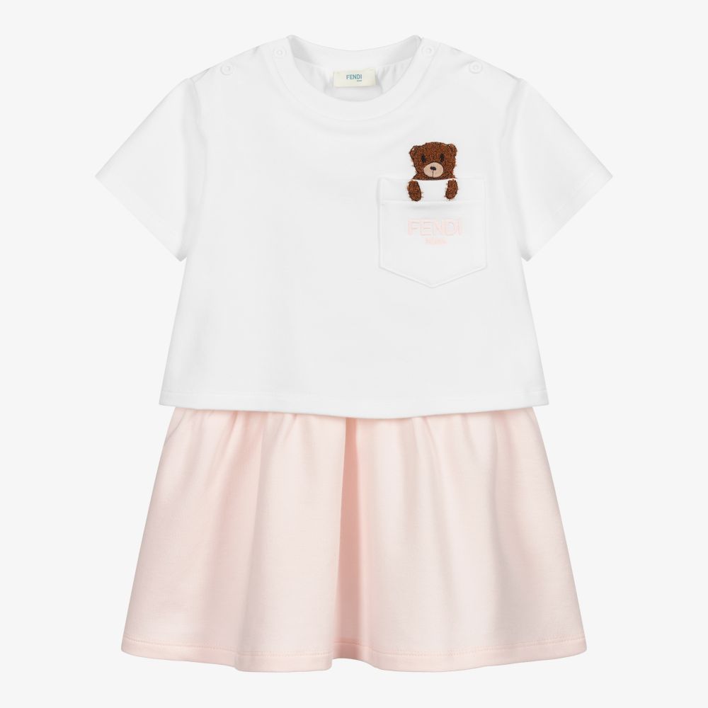 Fendi - Бело-розовое платье с медвежонком | Childrensalon