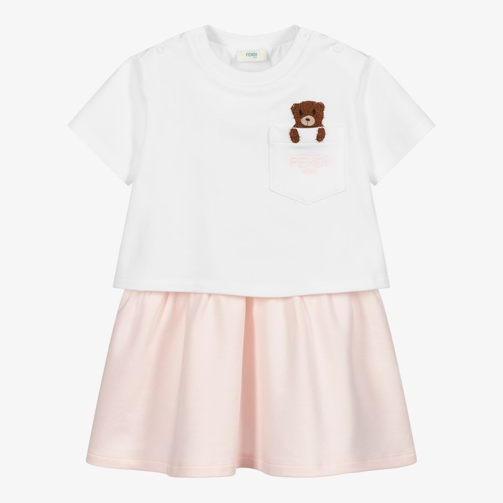 Fendi - Robe rose et blanche Ourson | Childrensalon