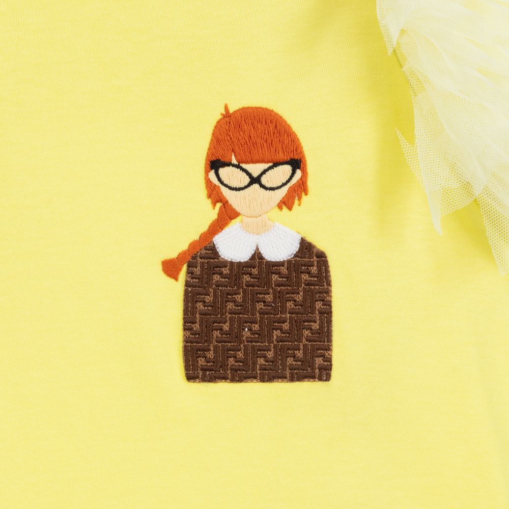 Fendi-Yellow Cotton & Tulle T-Shirt | Childrensalon Outlet