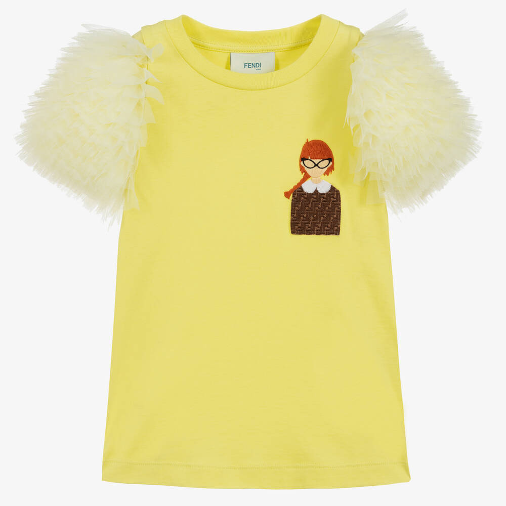 Fendi - Yellow Cotton & Tulle T-Shirt | Childrensalon