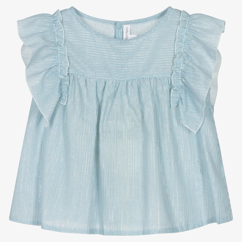 Fina Ejerique - Girls Blue & Silver Stripe Cotton Blouse | Childrensalon