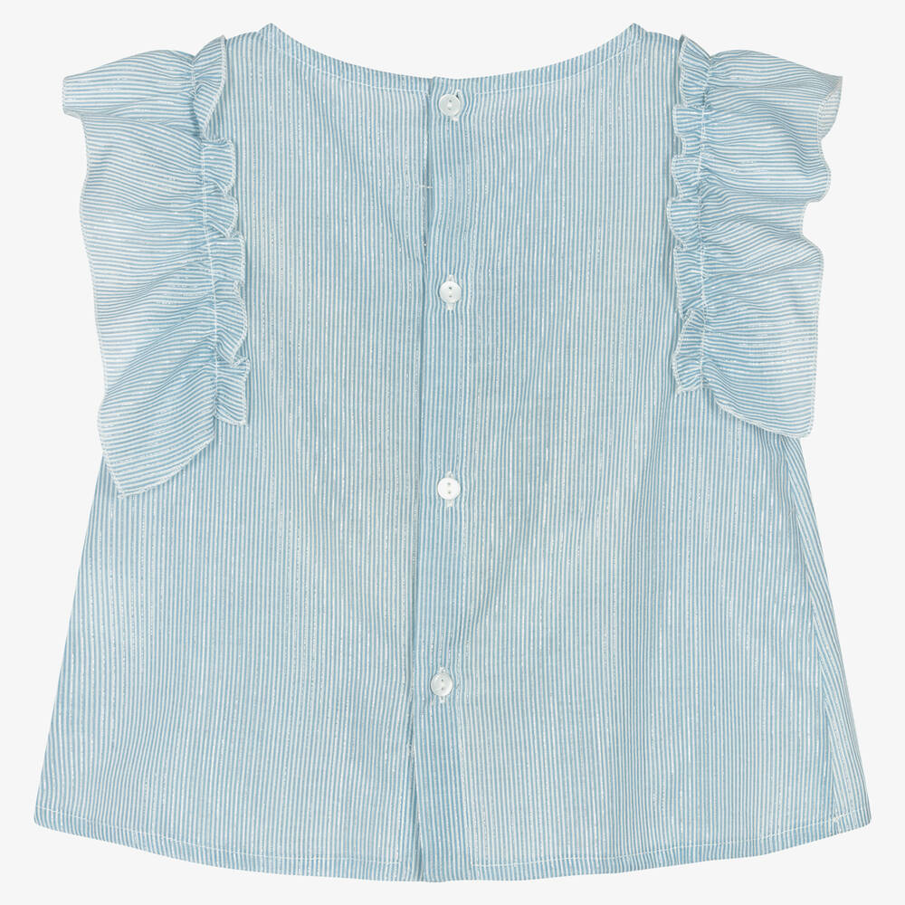 Fina Ejerique-Girls Blue & Silver Stripe Cotton Blouse | Childrensalon Outlet