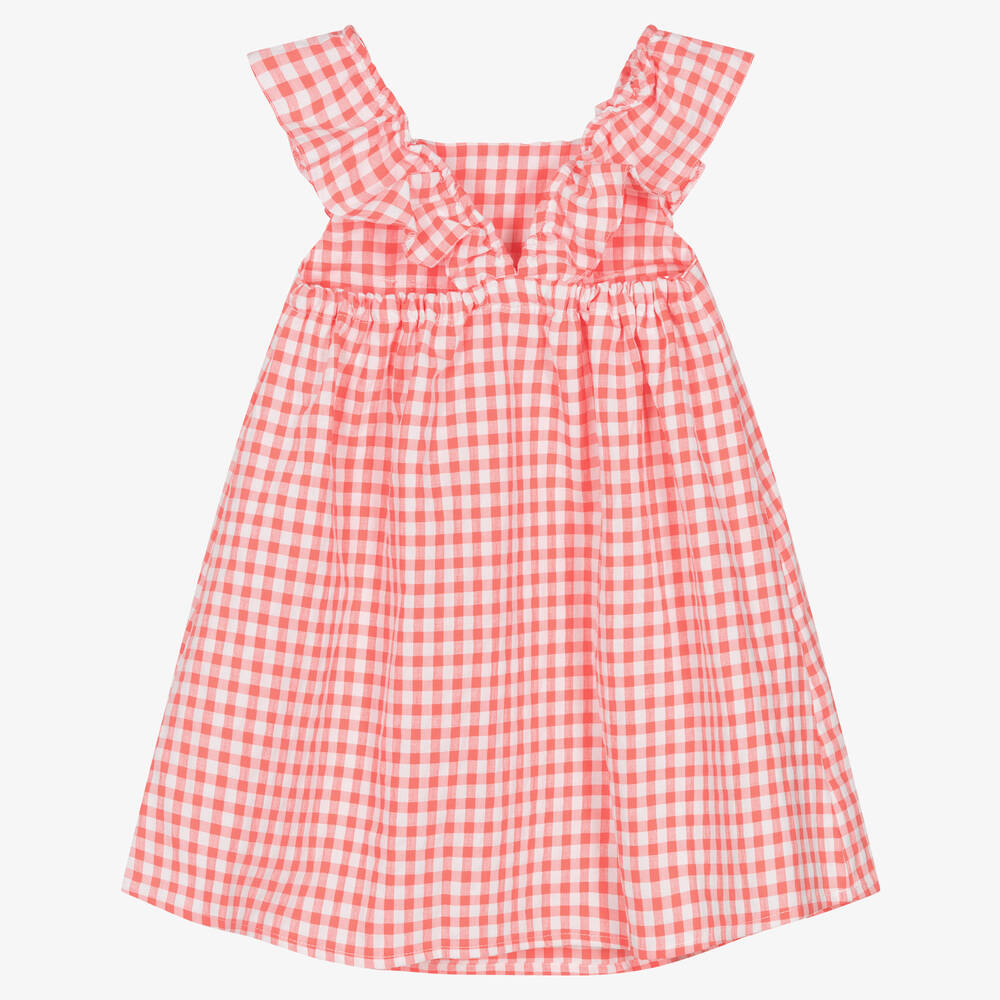 Fina Ejerique-Girls Coral Pink Gingham Cotton Dress | Childrensalon Outlet