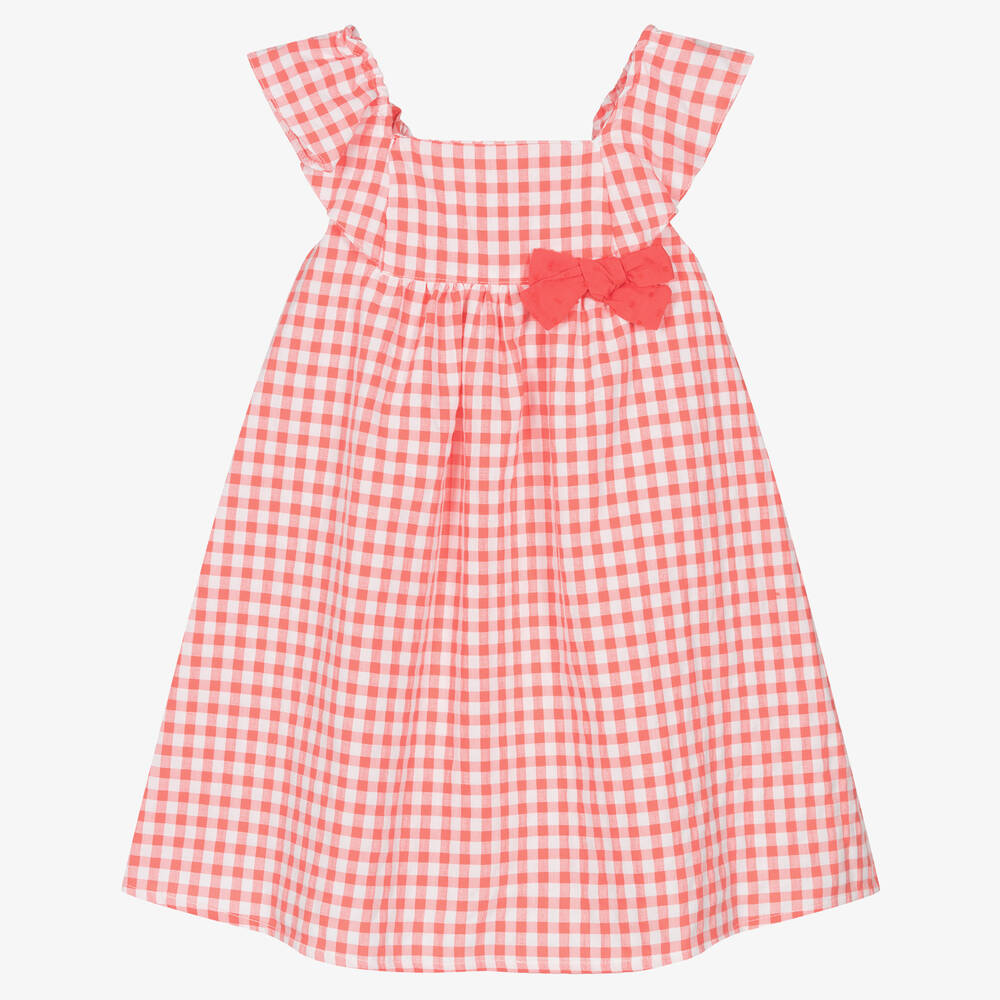 Fina Ejerique - Girls Coral Pink Gingham Cotton Dress | Childrensalon