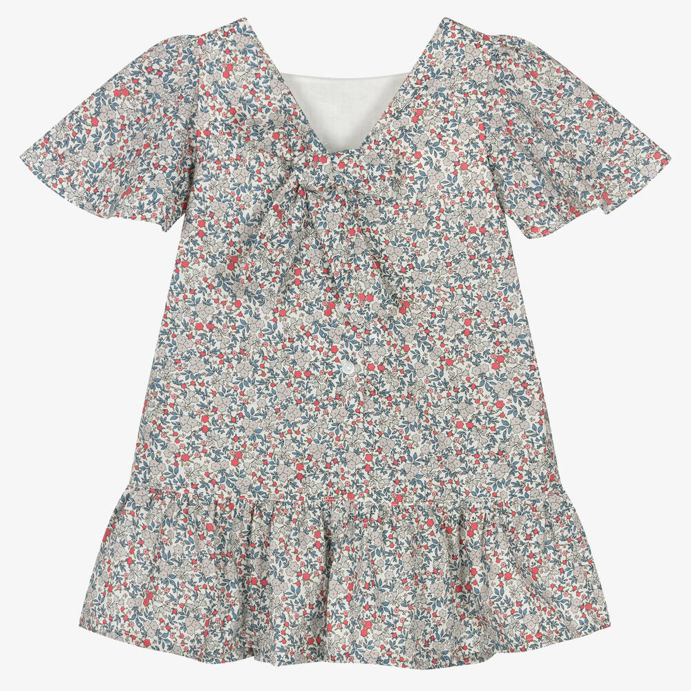 Fina Ejerique-Girls Grey Cotton Floral Dress | Childrensalon Outlet
