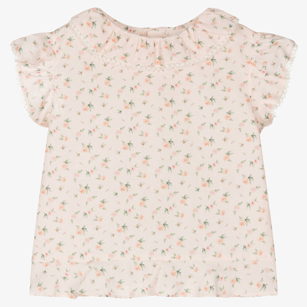 Fina Ejerique - Girls Pink Cotton Floral Blouse | Childrensalon