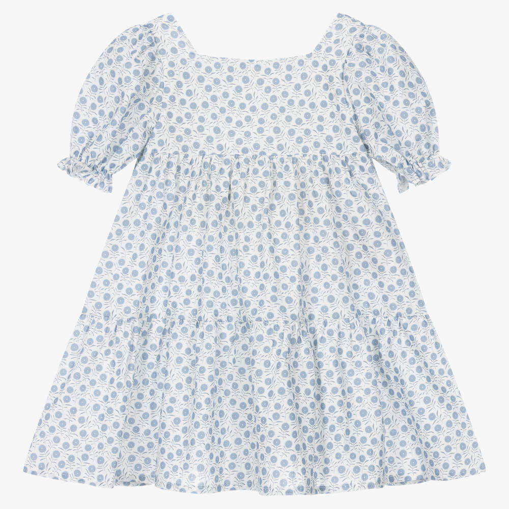 Fina Ejerique - Girls White & Blue Floral Cotton Dress | Childrensalon