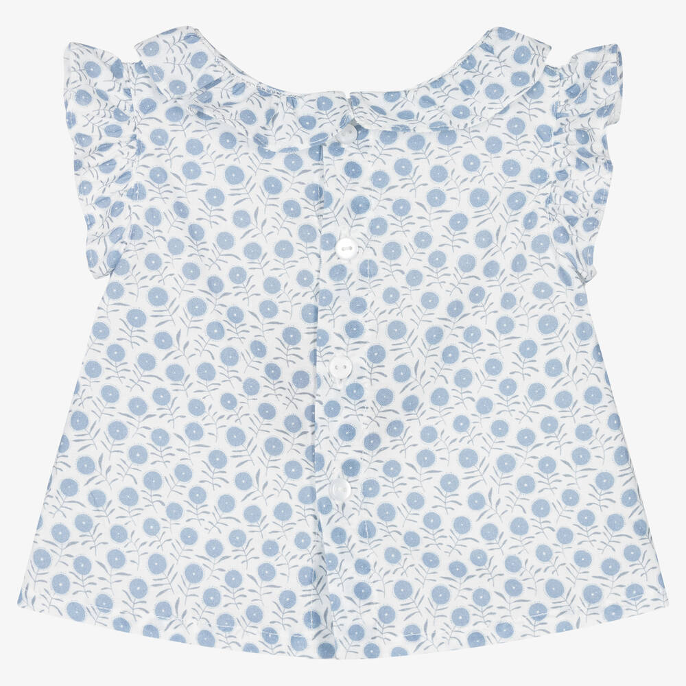 فينا إيجيريك-Girls White & Blue Floral Cotton Top | Childrensalon Outlet