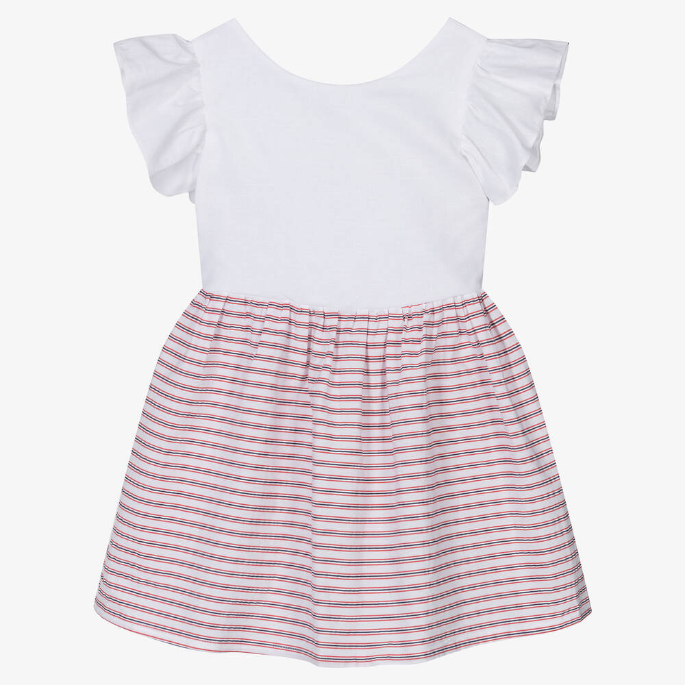 Fina Ejerique - Girls White & Red Cotton Striped Dress | Childrensalon