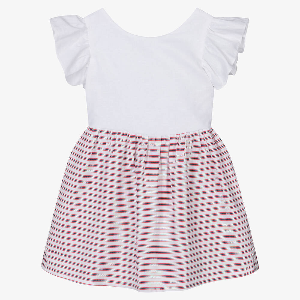 Fina Ejerique-Girls White & Red Cotton Striped Dress | Childrensalon Outlet