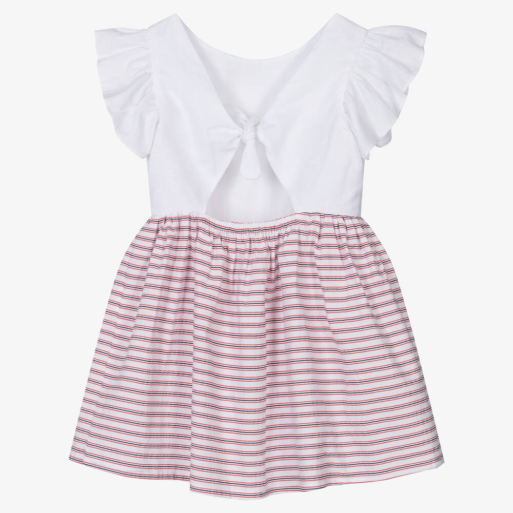 Fina Ejerique-Girls White & Red Cotton Striped Dress | Childrensalon Outlet