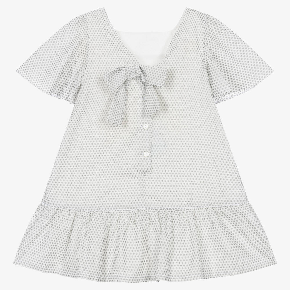 Fina Ejerique-Girls White & Silver Polka Dot Dress | Childrensalon Outlet