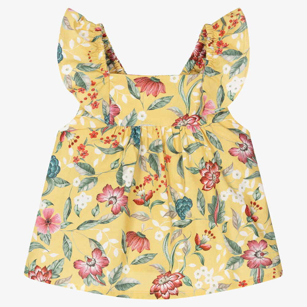 Fina Ejerique - Girls Yellow Cotton Floral Blouse | Childrensalon