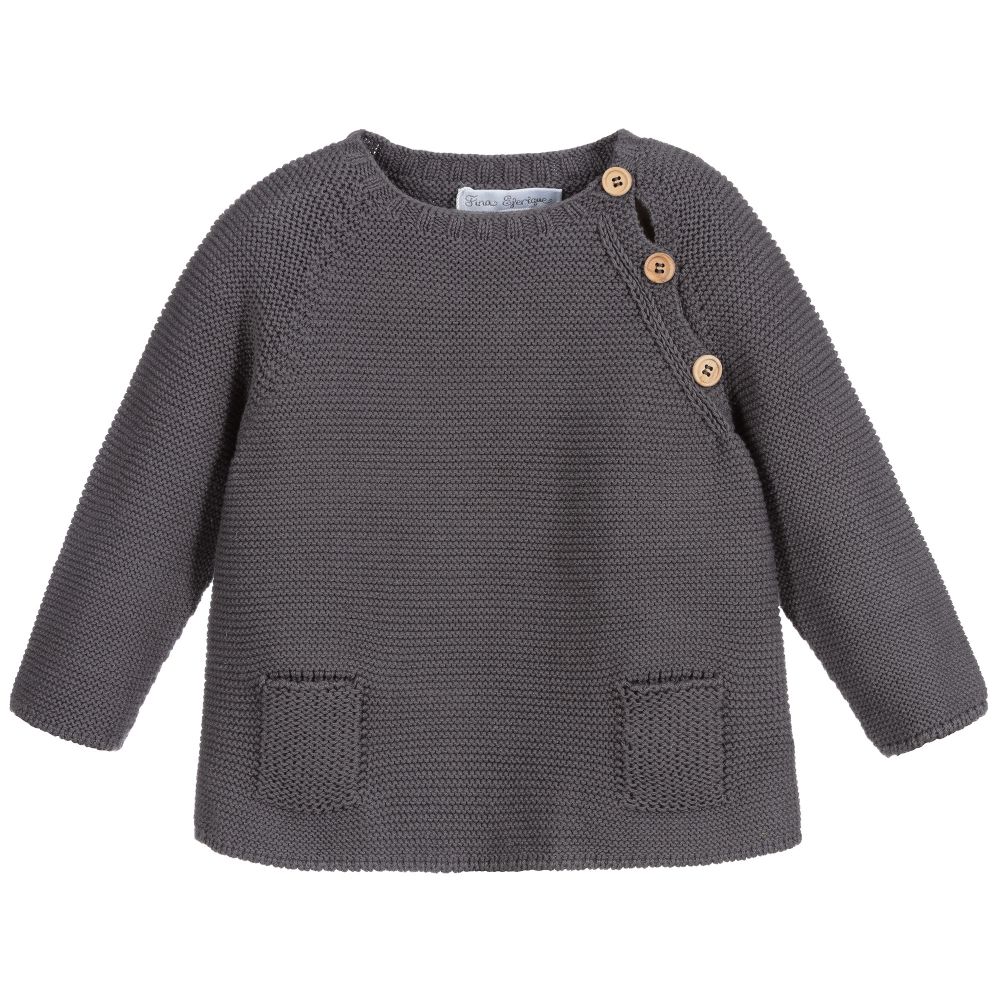 Fina Ejerique-Grey Cotton Knit Sweater | Childrensalon Outlet