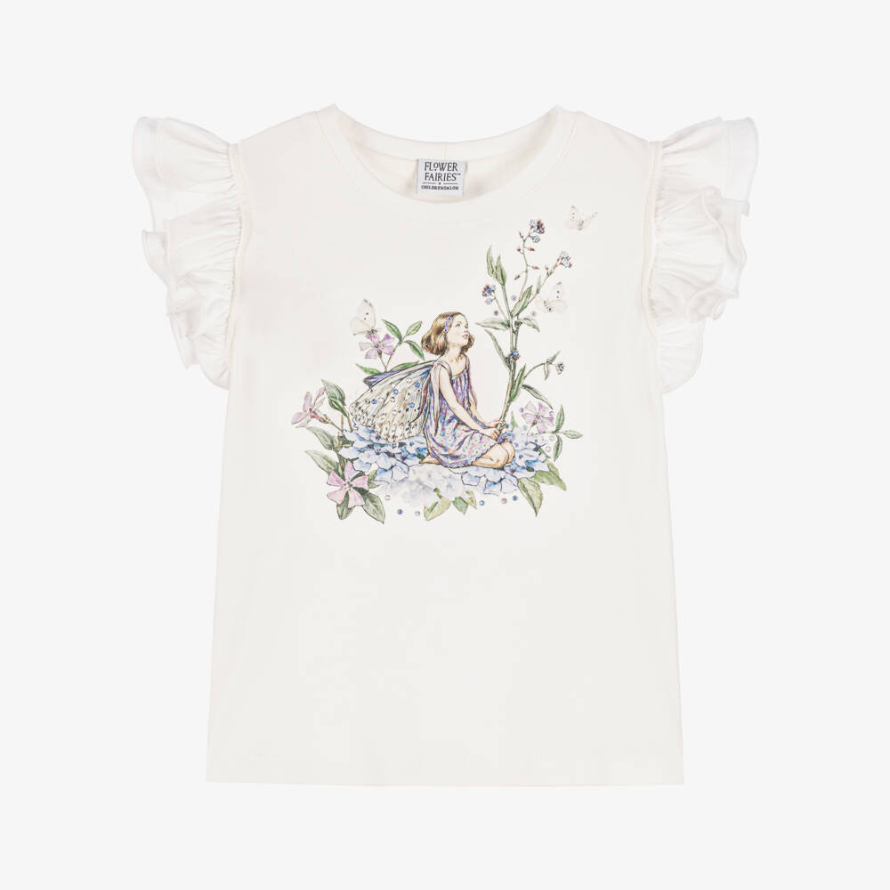 Flower Fairies™ by Childrensalon-تيشيرت بناتي عاجي أزرق بتصميم خرافي ومزين بالكشكش | Childrensalon Outlet