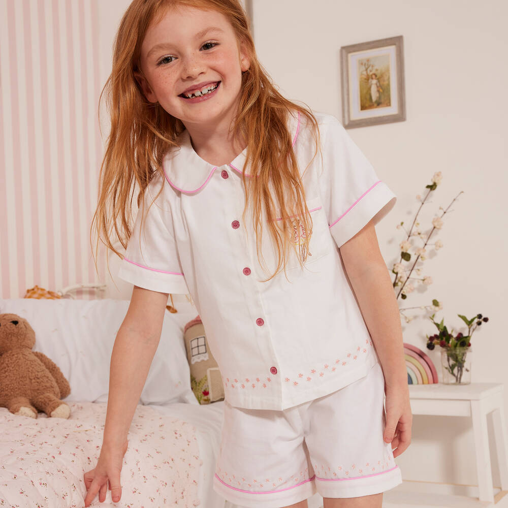 Flower Fairies™ by Childrensalon-Girls White Embroidered Cotton Pyjamas | Childrensalon Outlet