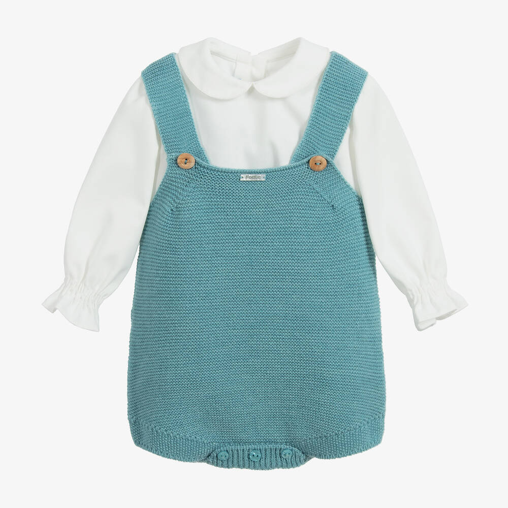 Foque - Aqua Blue Knitted Dungaree Set | Childrensalon