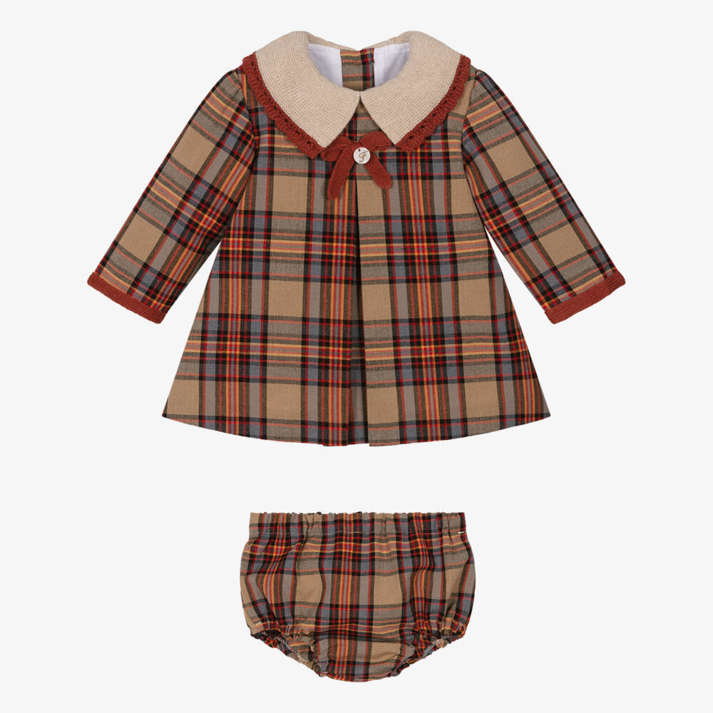 Foque-Baby Girls Beige & Tan Brown Tartan Dress | Childrensalon Outlet