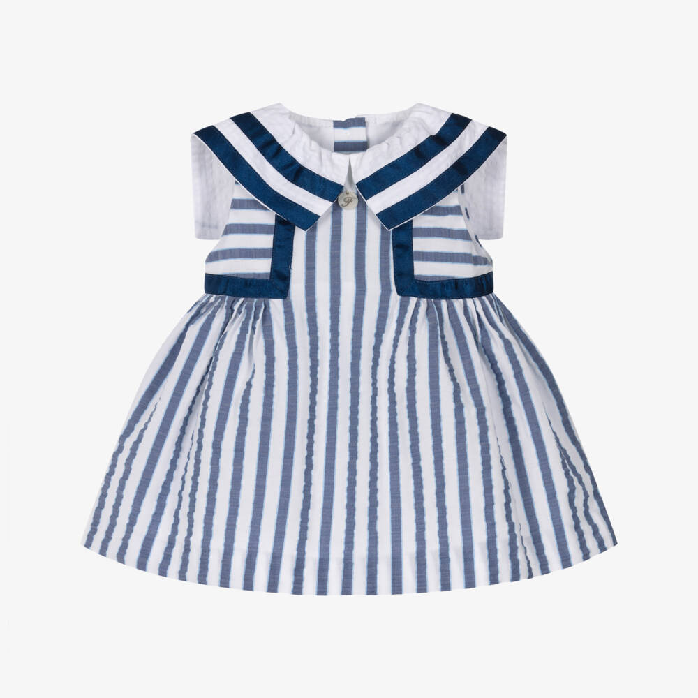 Foque-Baby Girls Blue & White Striped Sailor Collar Dress | Childrensalon Outlet