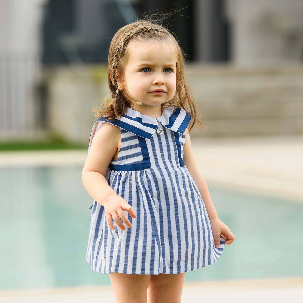 Foque-Baby Girls Blue & White Striped Sailor Collar Dress | Childrensalon Outlet