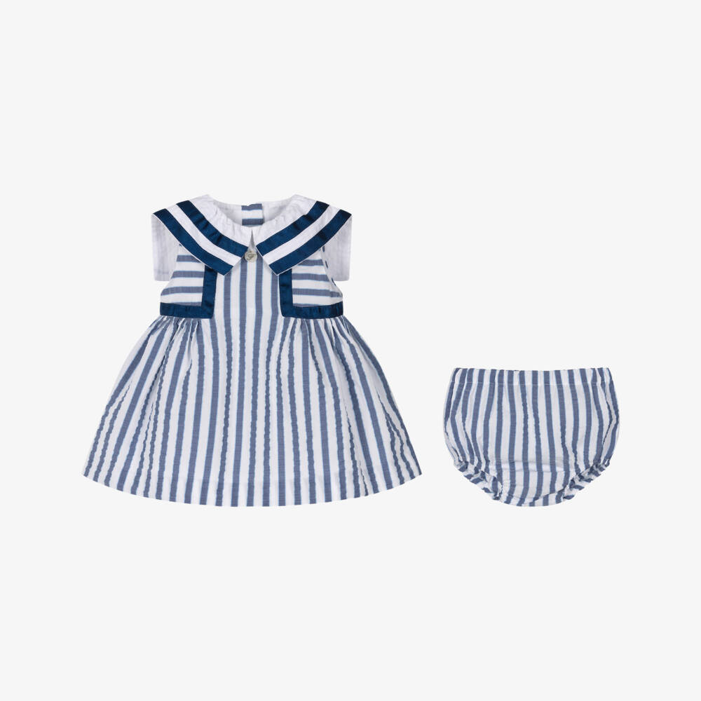 Foque-Baby Girls Blue & White Striped Sailor Collar Dress | Childrensalon Outlet