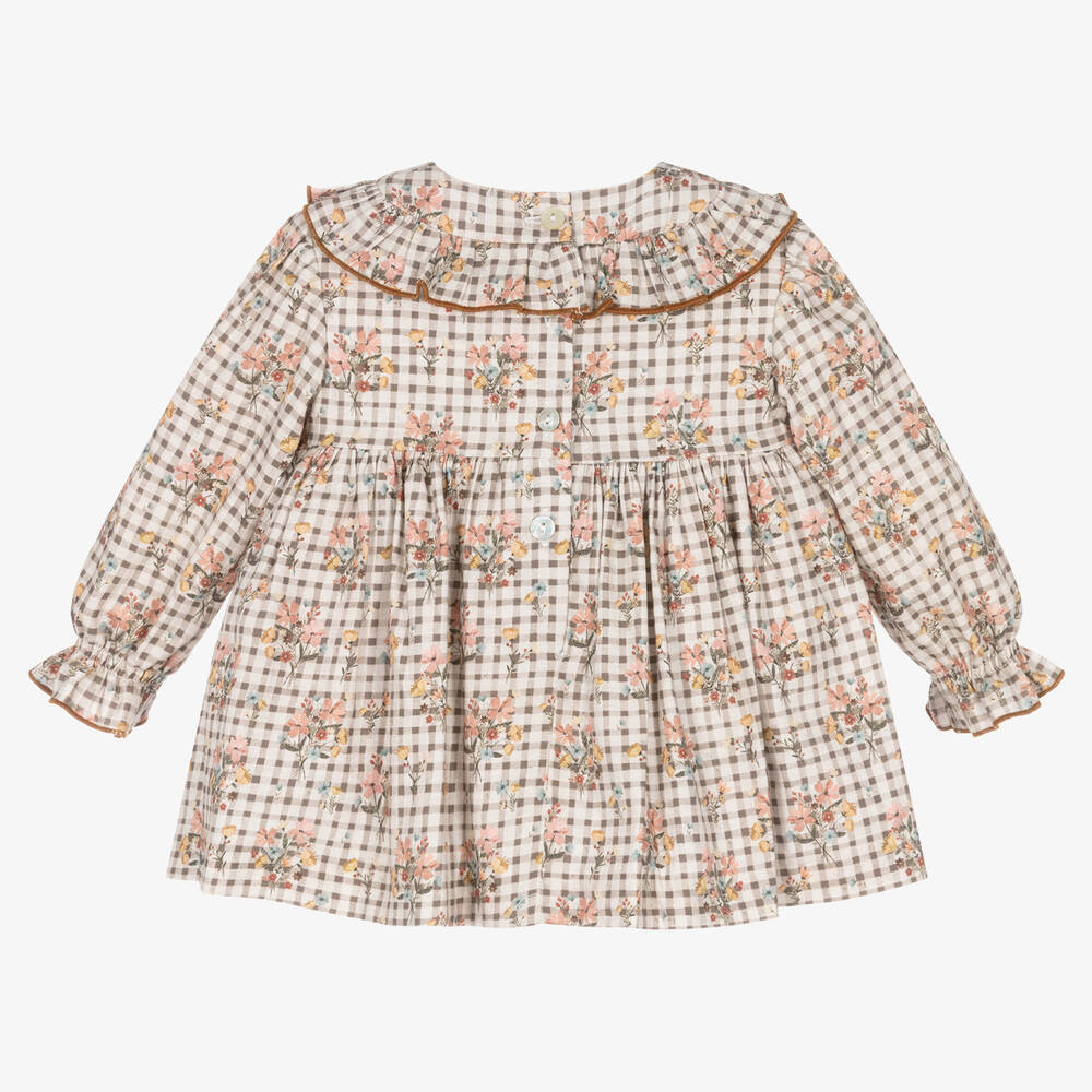 Foque-فستان بطبعة ورود قطن تويل كاروهات لون بني | Childrensalon Outlet