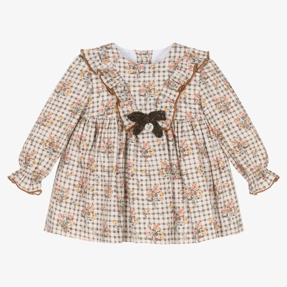 Foque - Baby Girls Brown Check & Floral Cotton Dress | Childrensalon