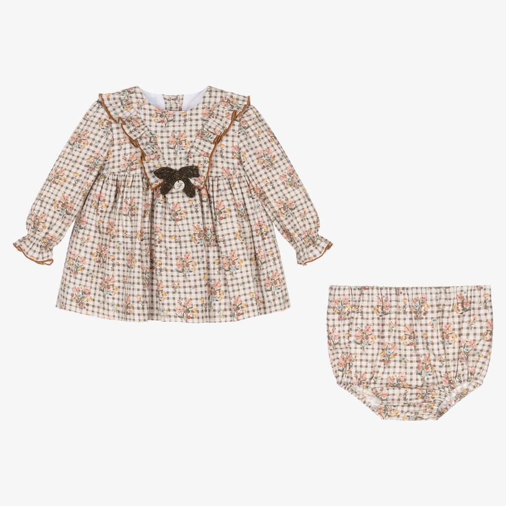 Foque-فستان بطبعة ورود قطن تويل كاروهات لون بني | Childrensalon Outlet