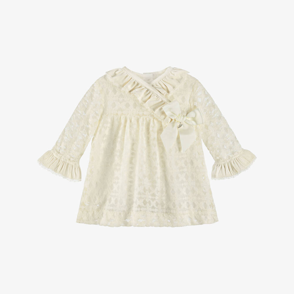 Foque-Baby Girls Cream Floral Lace Jersey Dress with Grosgrain Bow | Childrensalon Outlet