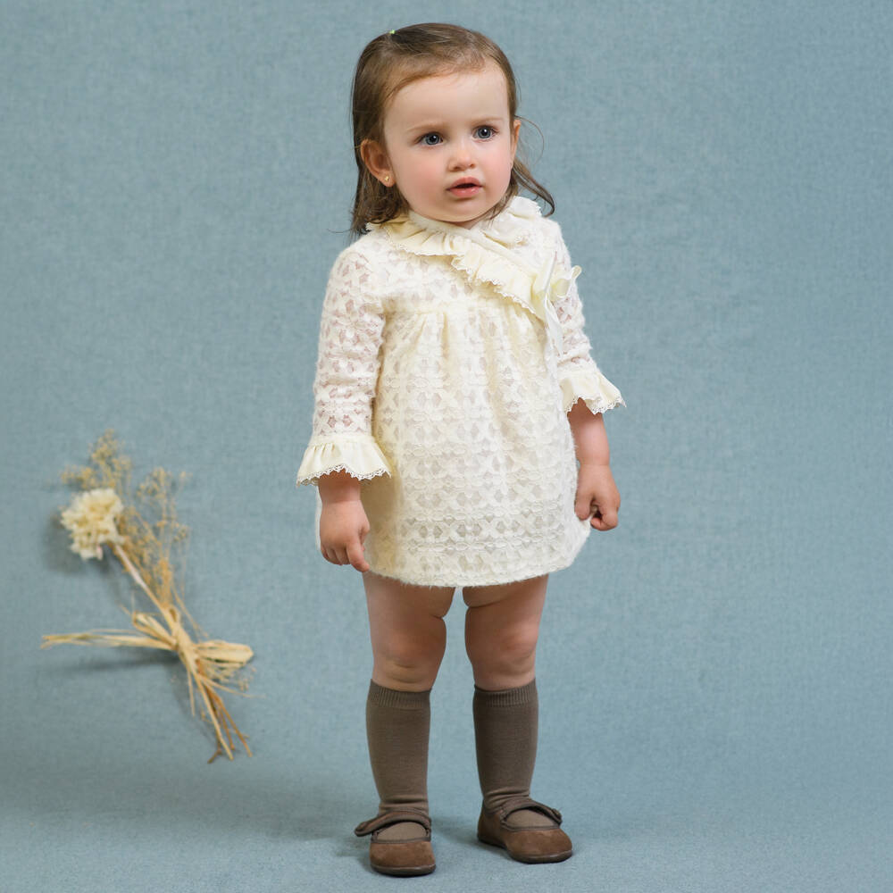 Foque-Baby Girls Cream Floral Lace Jersey Dress with Grosgrain Bow | Childrensalon Outlet