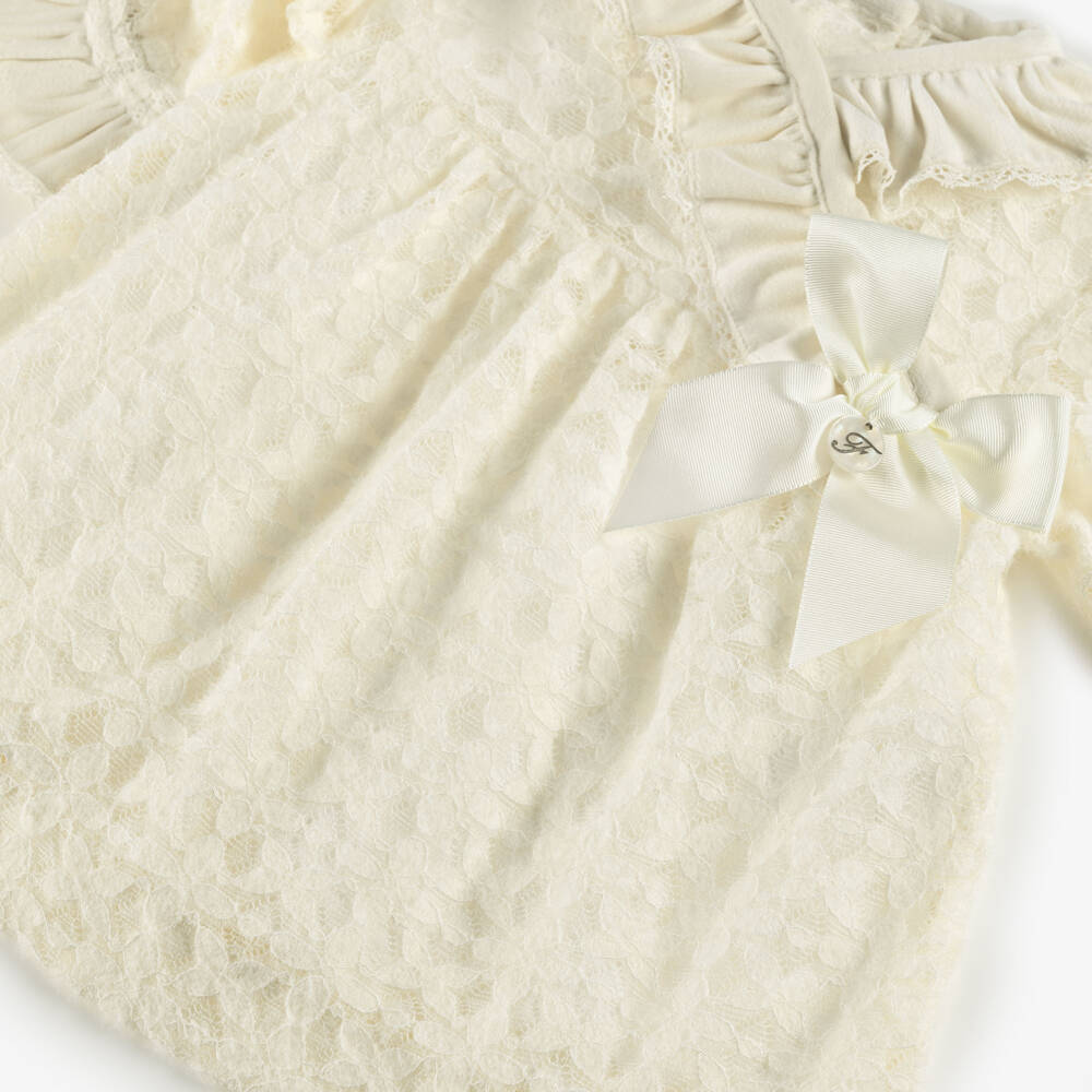 Foque-Baby Girls Cream Floral Lace Jersey Dress with Grosgrain Bow | Childrensalon Outlet