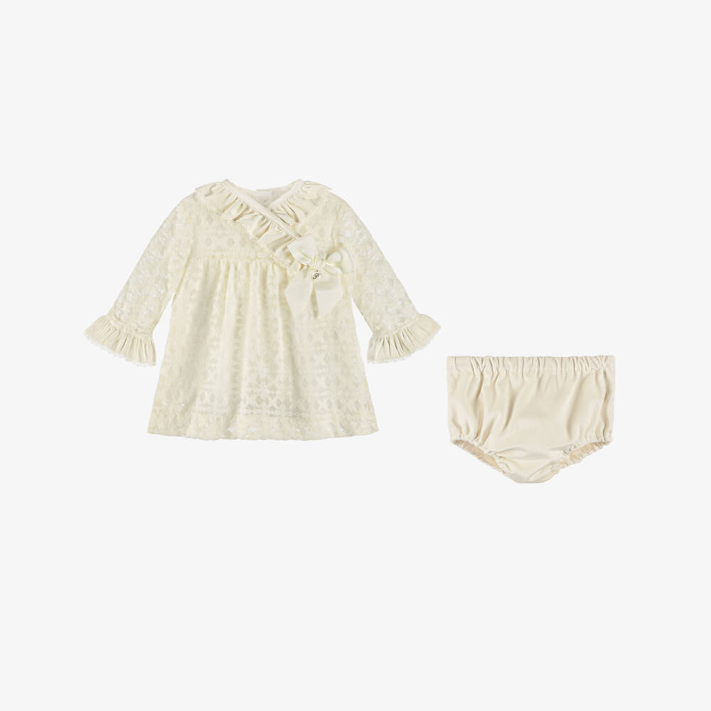 Foque-Baby Girls Cream Floral Lace Jersey Dress with Grosgrain Bow | Childrensalon Outlet