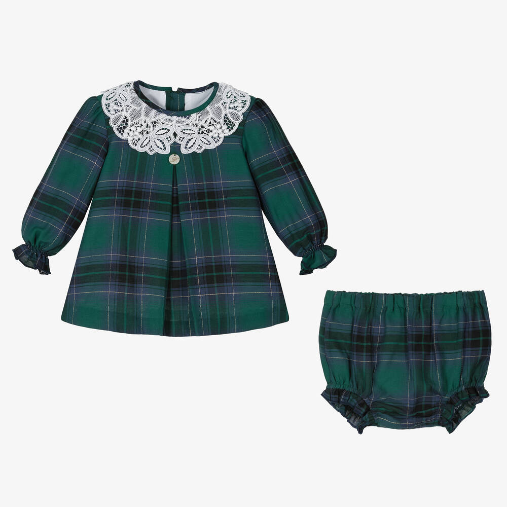 فوكيه-فستان قطن كاروهات لون أخضر وكحلي أطفال بناتي | Childrensalon Outlet