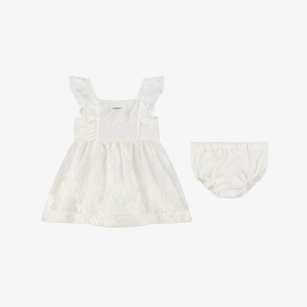 Foque-Baby Girls Ivory Floral Embroidered Dress Set | Childrensalon Outlet