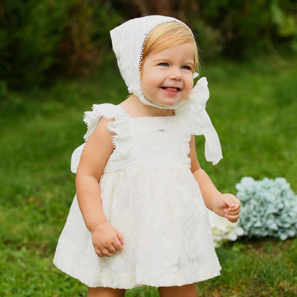 Foque-Baby Girls Ivory Floral Embroidered Dress Set | Childrensalon Outlet