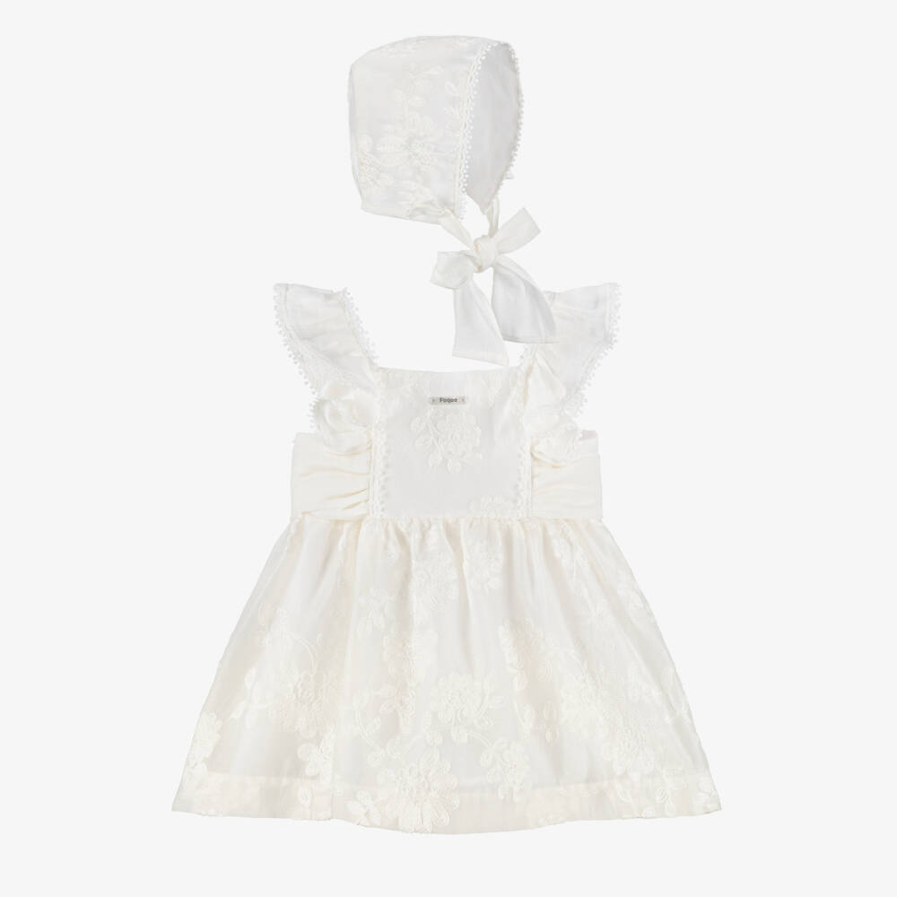 Foque-Baby Girls Ivory Floral Embroidered Dress Set | Childrensalon Outlet
