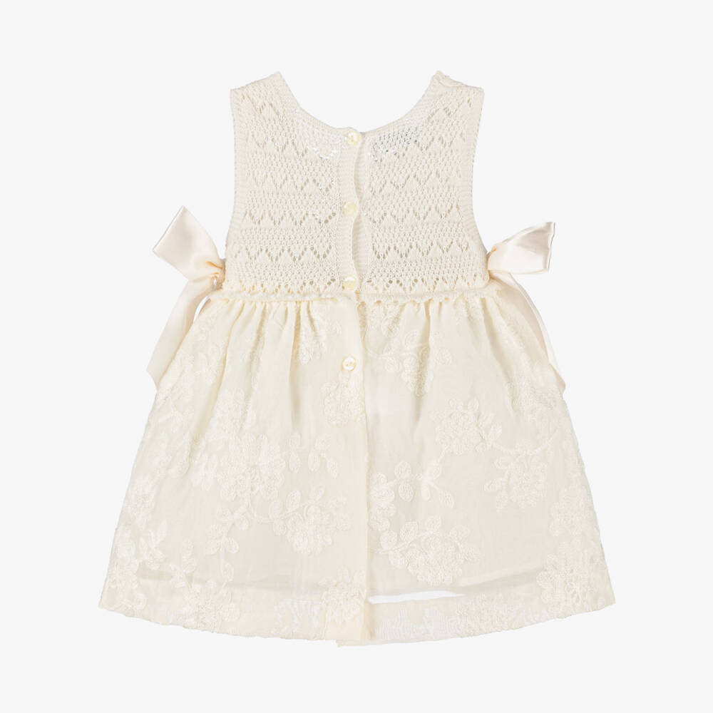 Foque-Baby Girls Ivory Knit & Floral Organza Dress | Childrensalon Outlet