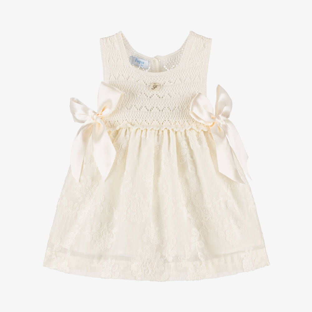 Foque-Baby Girls Ivory Knit & Floral Organza Dress | Childrensalon Outlet