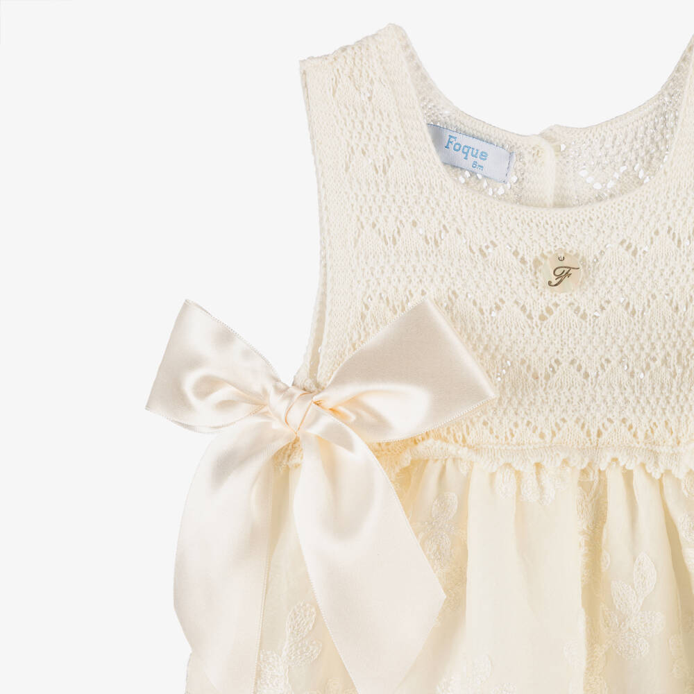 Foque-Baby Girls Ivory Knit & Floral Organza Dress | Childrensalon Outlet